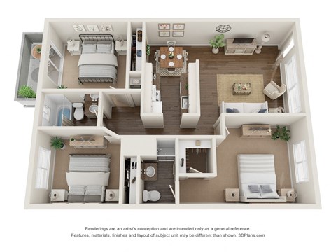 Floor plan for 3 beds, 2 baths, 1000 sqft